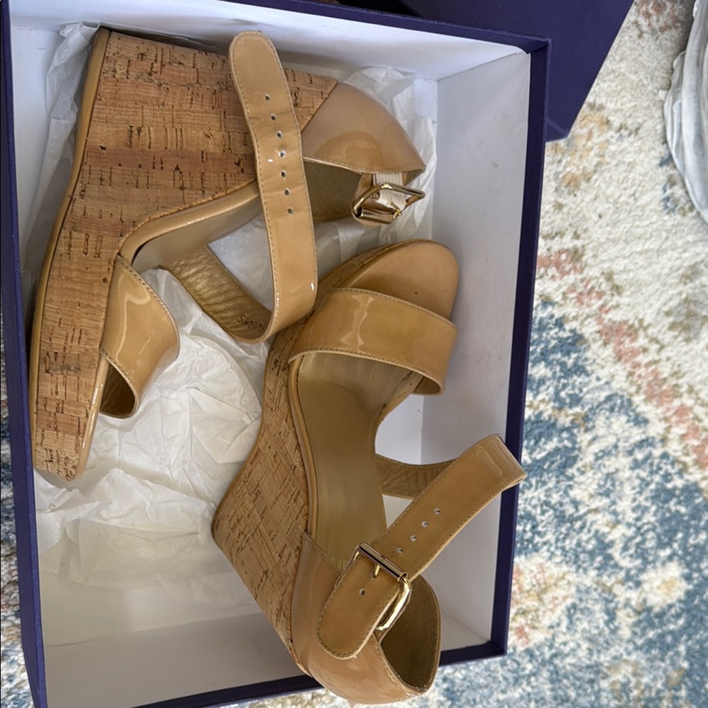 Stuart Weitzman Tan Wedge Sandals with Cork Platform